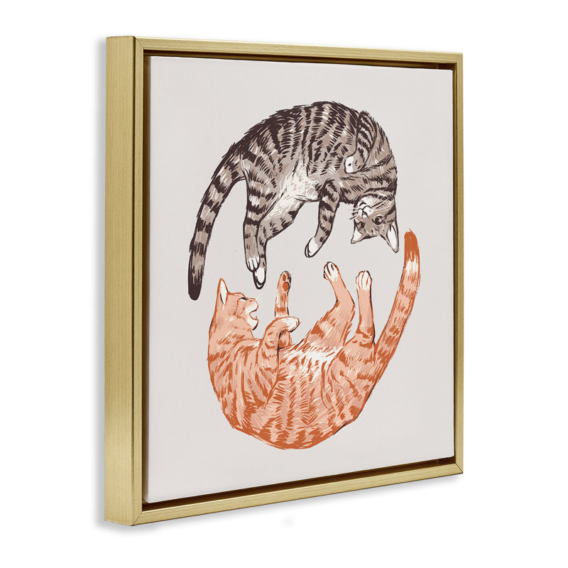 «Tabby Cats Duo», art mural gris sur toile flottante par Ziwei Li, Cadre flottant métallique doré, H 25 po x l 25 po