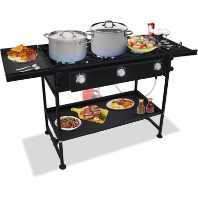 3 Burner Propane Stove -225,000 High Btu Propane Burner Camping Stove, Steel 3 Burner Camp Stove Outdoor Stove Propane W/Dual Side & Adjustable Bottom