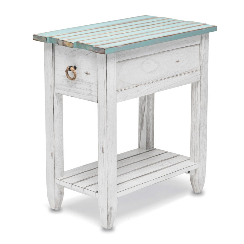 Delaplaine Coastal Solid Wood End Table with Storage, Blue/White