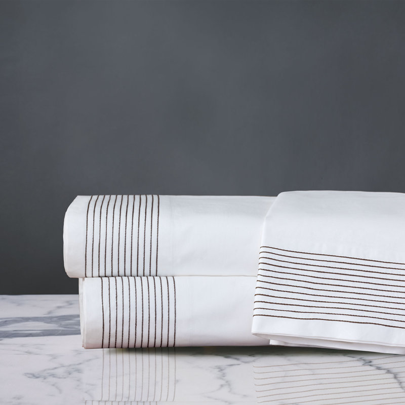 Marsden Fine Linen Egyptian Cotton Percale Striped Flat Sheet, Brown, Queen Flat Sheet