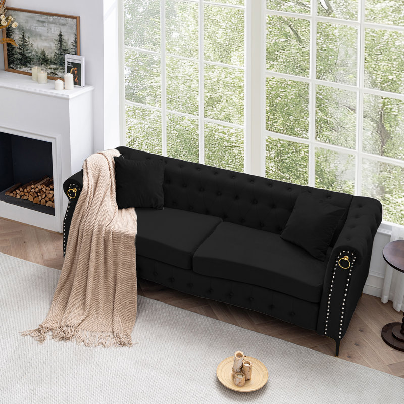  83.5" Velvet Chesterfield Tufted Sofa, Black
