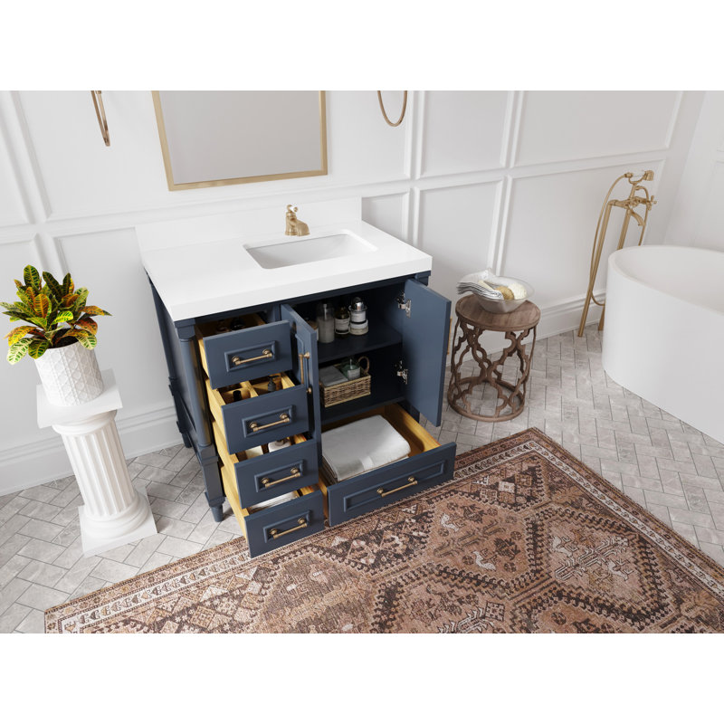 Hudson 36" Navy Blue Solid Wood Freestanding Vanity with White Quartz Top