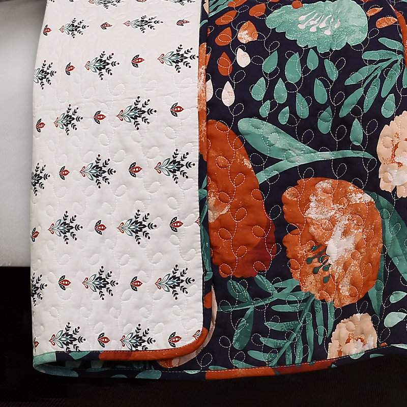 Poppy Garden 100% Cotton 320 TC Reversible Traditional  3 Piece Quilt Set, King Quilt + 2 King Shams, Navy