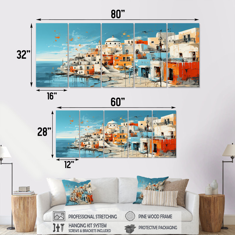 «Colorful Santorini Grèce Landscape II - Santorini», ensemble de 5 toiles murales, H 28 po x l 60 po
