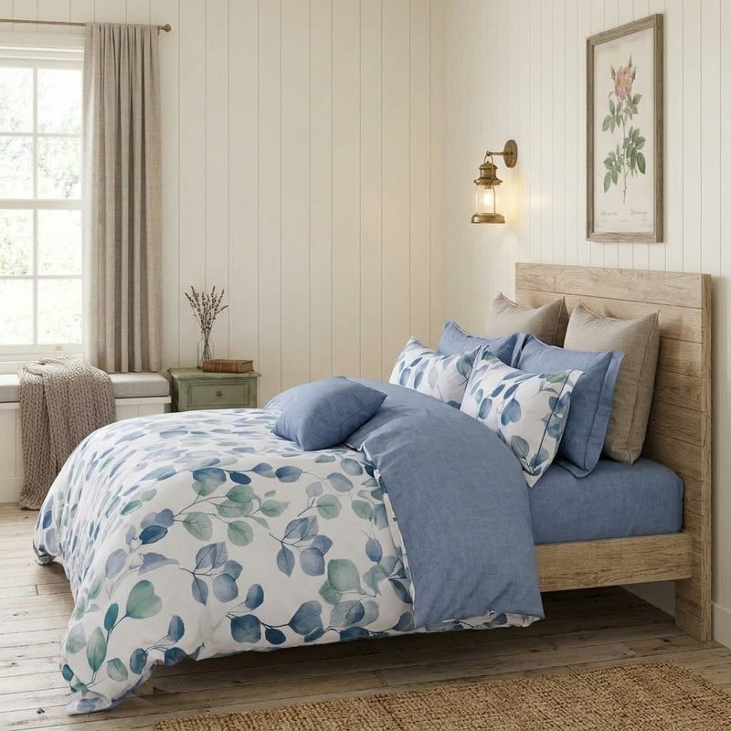 Ensemble d'édredon réversible 100% coton Elora Blue Canterbury Bells, Édredon grand et 2 taies décoratives