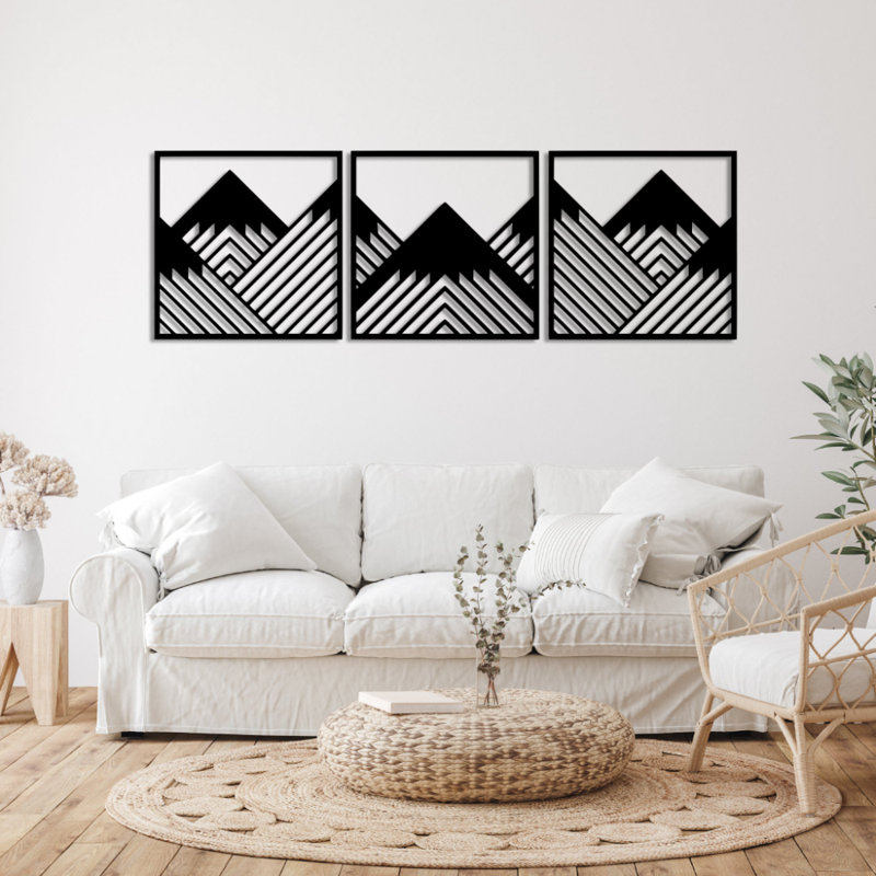 Ensemble de 3 décorations murales montagnes géométriques, Noir, H 24 po x l 72 po x P 0,12 po