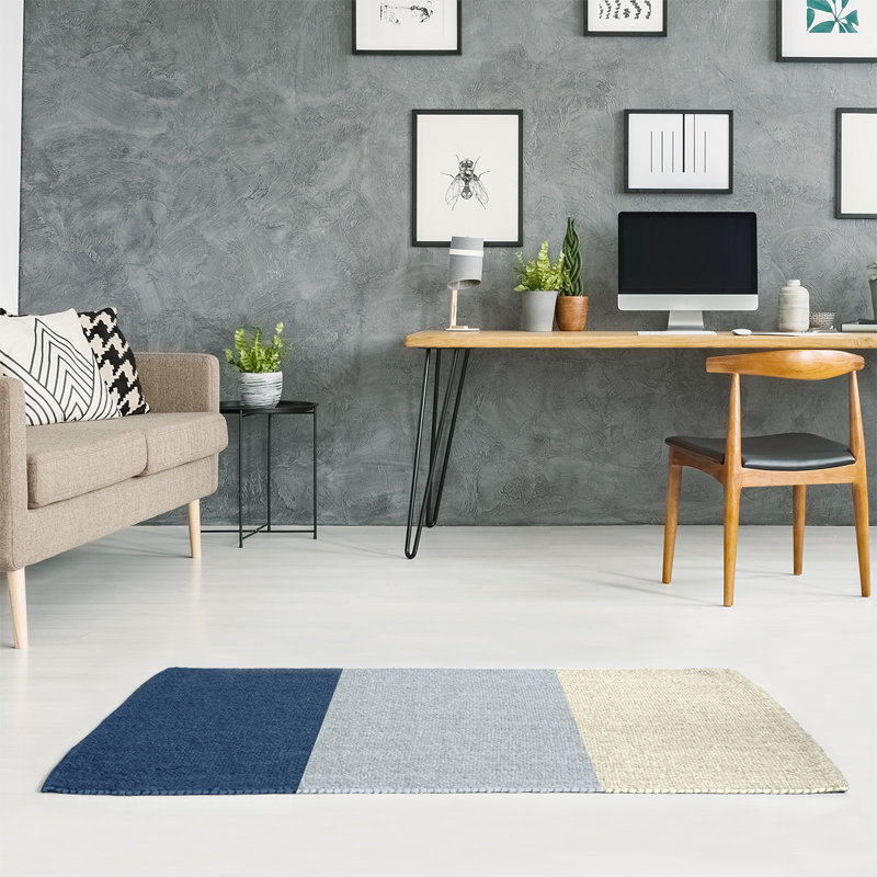 Seattle Striped Navy Blue/Metallic Silver/Cream Area Rug, Rectangle 5' x 7'