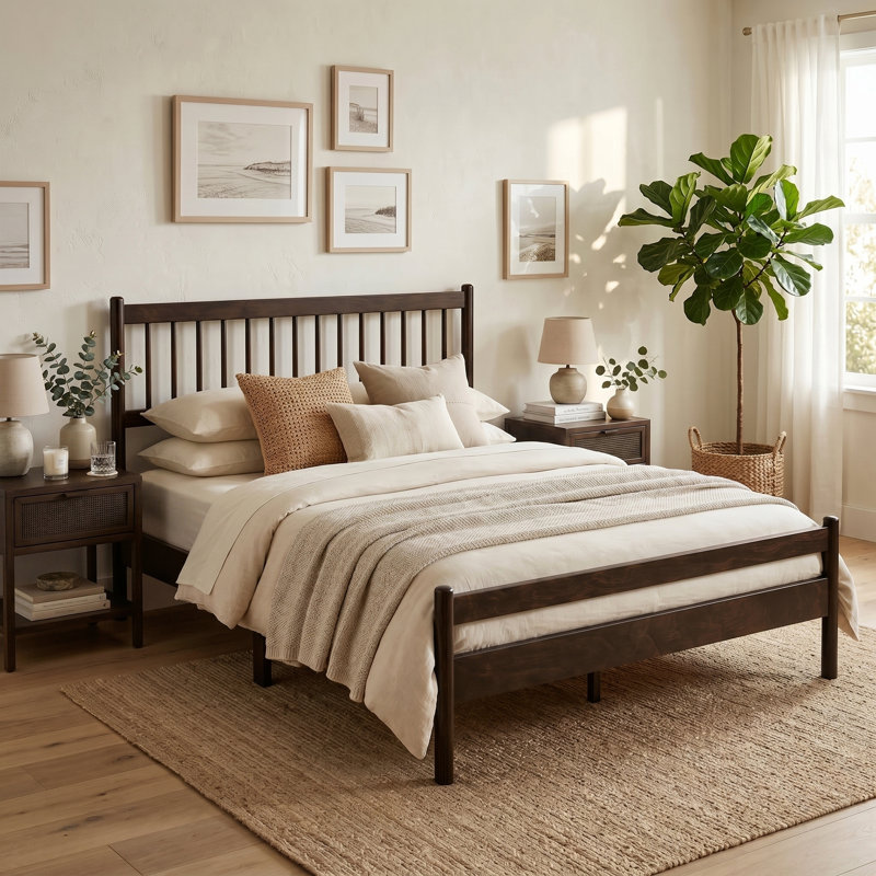 Grand cadre de lit en bois traditionnel avec tête et pied de lit, lit plateforme Pinewood, cadre renforcé, brun, Brown, Queen