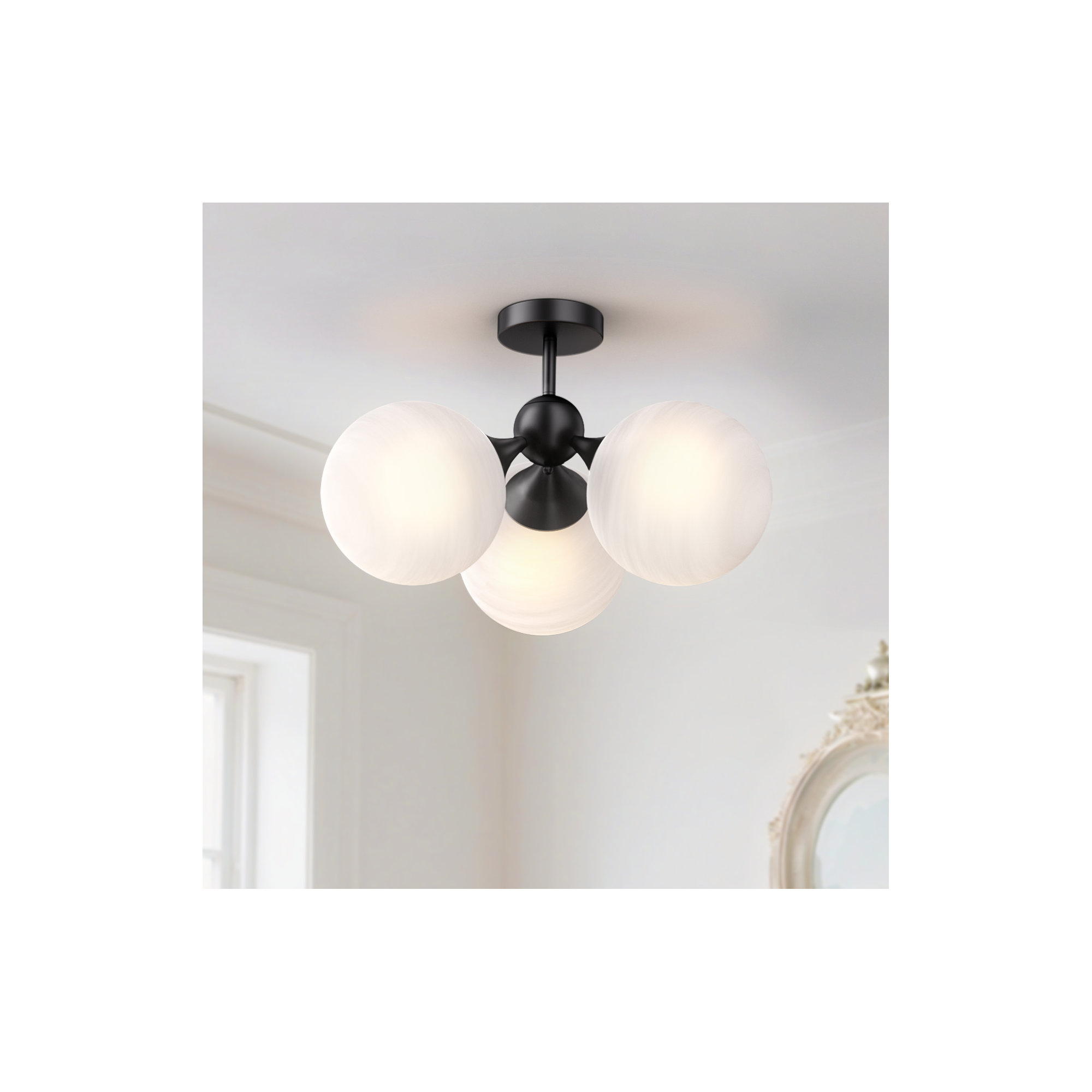 21"-3 Lights Modern Cloud Glass  Globe  Semi Flush Mount Lighting Fixture For Living Room, Bedroom, Matte Black