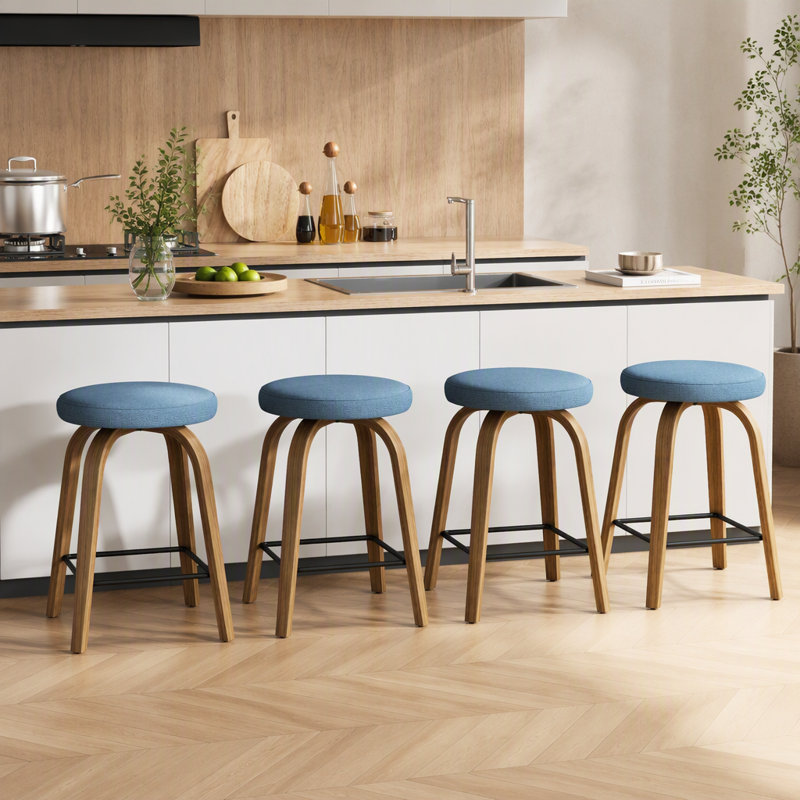 Swivel Bar Stools Set Of 2, Counter Height Backless 26″ Bar Stools, Fabric Upholstered Seat, Sturdy Wood Legs And Metal Footrest, Mid-Century Modern Island Stools For Home Bars, Restaurants, Blue