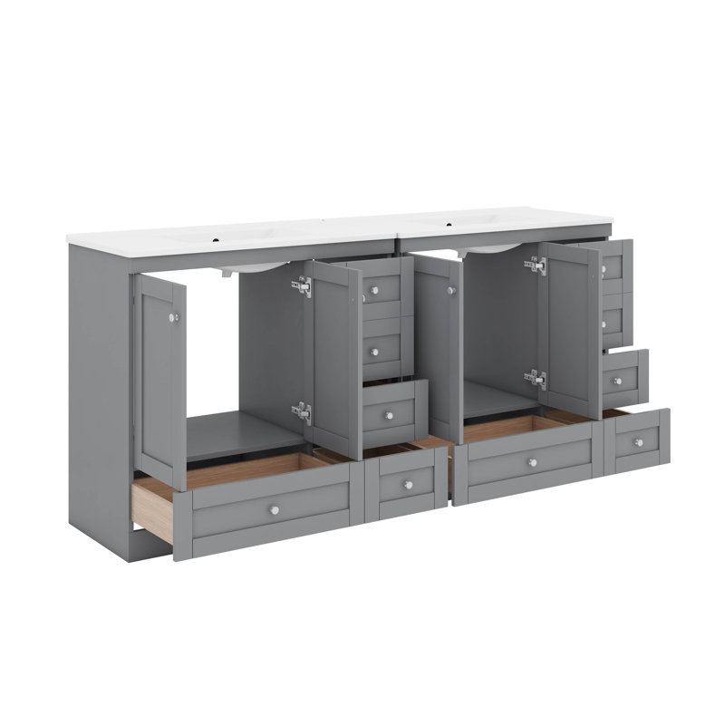 Meuble-lavabo autoportant de 72 po de style Shaker avec lavabo en céramique, tiroirs à fermeture en douceur et portes à fermeture en douceur