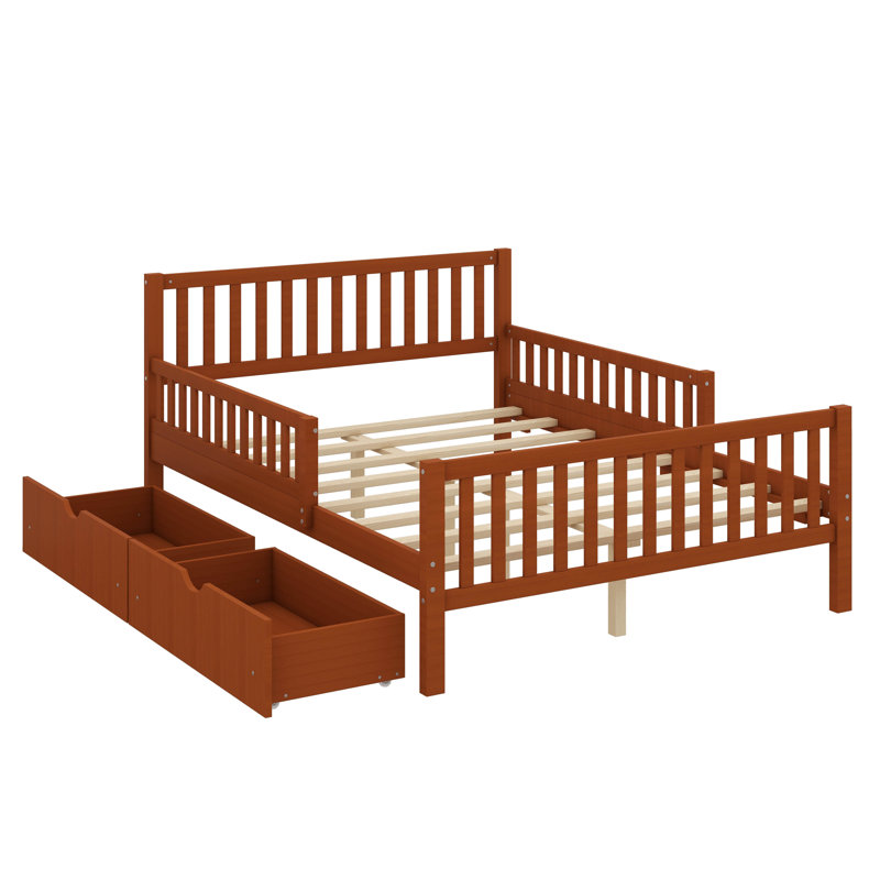 Lit plateforme double en bois pleine grandeur avec garde-corps double et sections de rangement doubles, Lit double
