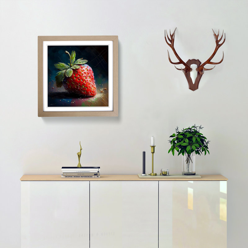 Strawberry Palette Knife Painting - Single Picture Frame Print on Wood, Oak