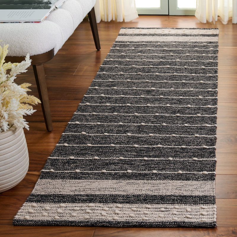 Tapis rayé en coton / laine tissé à la main en noir / blanc Henneman, Carré 5 pi