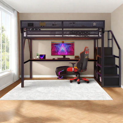 Lit mezzanine multifonctionnel en métal avec rangement, design noir moderne pour les maisons familiales