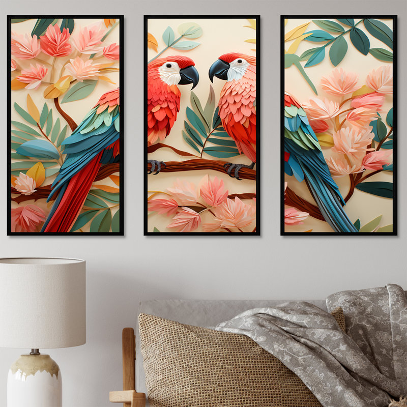 Fleurs tropicales roses et bleues - art mural perroquet II, Cadre flottant noir, H 32 po x l 48 po