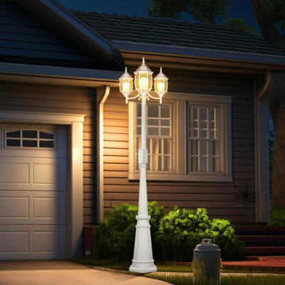 Dusk To Dawn Outdoor Lamp Post Light With Gfci Outlet, 3-head Classic Black Light Pole With Glass Panels (3 Led Bulbs Included), Waterproof Outside Street Light For Backyard Garden Driveway
