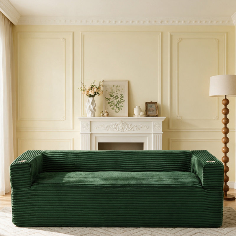 Boneless Modern 92" W Couch Corduroy Compression Sofa with Cup Holders and Storage, Green