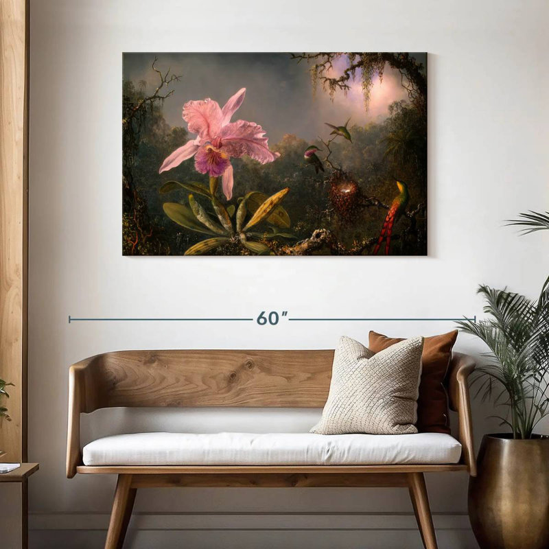 Orchidée Harnek Cattleya et 3 colibris, H 30 po x l 45 po