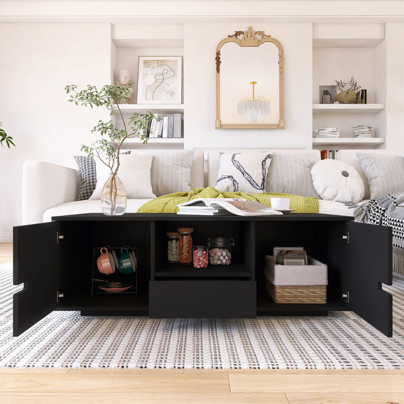 Modern High Glossy Rectangle Coffee Table, Stylish Center Table With Storage Space, Black
