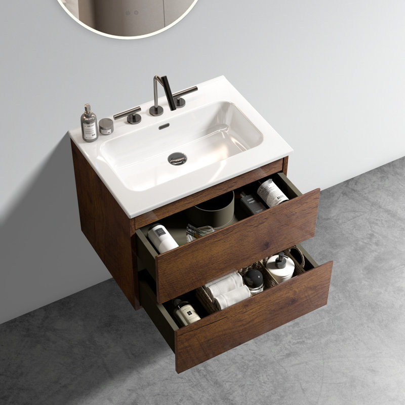 Meuble-lavabo mural 24 po en noyer de style contemporain, Noyer