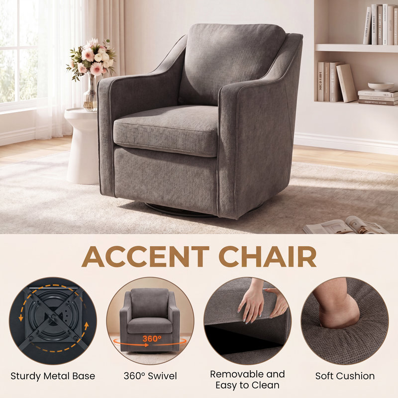 Upholstered Fabric Swivel Armchair, Grey