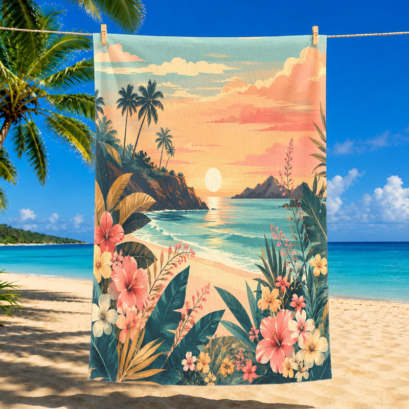 1PCS Tropical Beach Sunset Floral Towel, Vibrant Hawaiian Scenery, Ideal for, Pool, Travel, Camping, Shower, Bathroom Decor