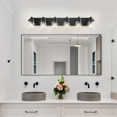 Luminaire de salle de bain 6 lumières sur miroir de salle de bain, lumières de meuble-lavabo noir avec abat-jour en verre transparent, luminaires de salle de bain modernes pour chambre à coucher, couloir