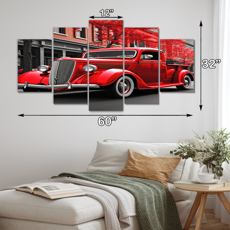 Red Pickup Truck Road Legends III - Transport, reproduction d'art sur toile - 5 panneaux