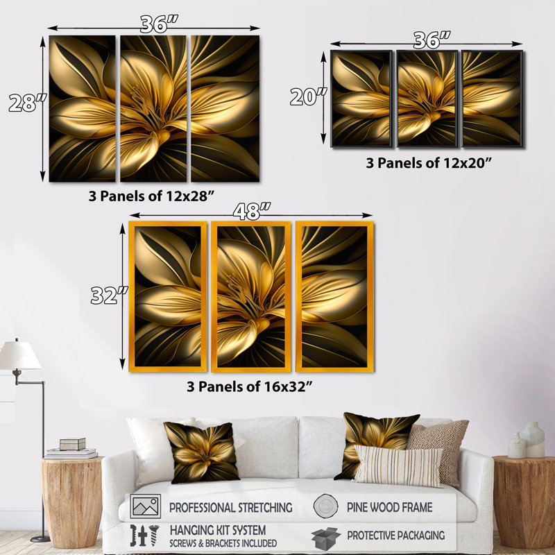 «Lily Gold I», reproduction sur toile 3 pièces, Toile encadrée noire, H 28 po x l 36 po x P 1 po