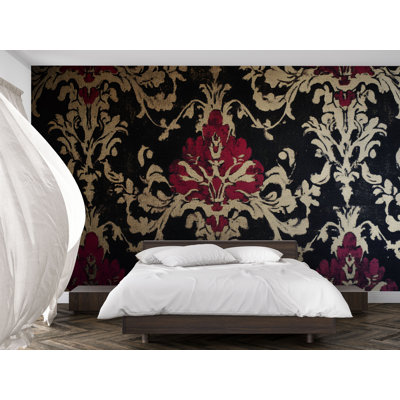 Papier peint damassé foncé foncé avec motif floral rouge et beige de style baroque gothique pour un intérieur élégant ou une ambiance historique