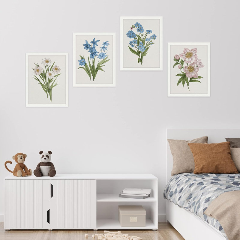 «Daisy Magnolia Floral», ensemble de 4 impressions murales bleues et roses vives encadrées sur papier, impression de 4 pièces