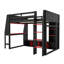 Lit mezzanine double en bois pleine grandeur avec bureau, DEL, tablettes multiples et support à vêtements suspendu, noir