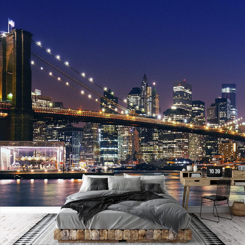 Brooklyn Bridge Harbour Neon Lights, L 66 po x l 96 po