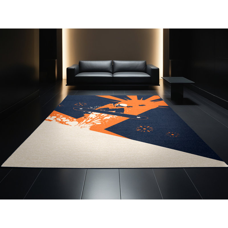 Machine Washable Yonkers Snowboarding Jump Bold & Eclectic Modern Starburst Rug in Gray – Navy Binding, 2x3