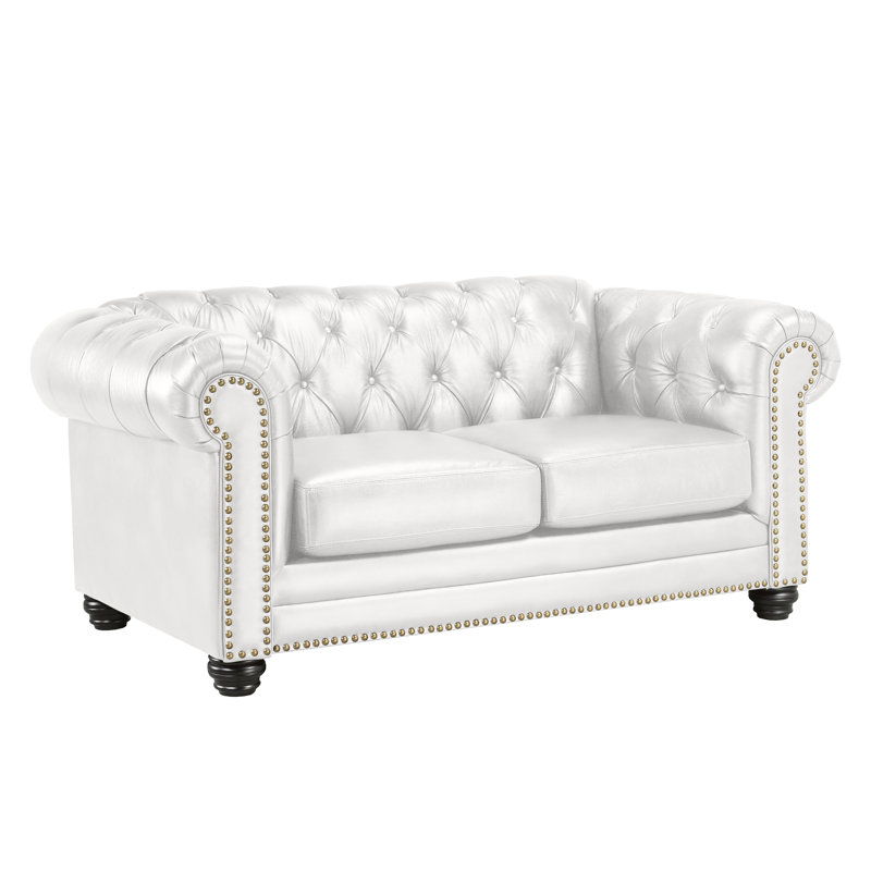 Ornellas 70" Leather Rolled Arm Chesterfield Loveseat, Cream Leather Match