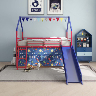 Metal Junior House Twin Loft Bed With Slide And Curtain Set And Pennant Banner Flag And Star Stickers