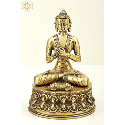 9" Brass Buddha Statue in Dharmachakra Mudra – Handcrafted Indian Meditation Sculpture on Lotus Pedestal for Home and Spiritual Décor