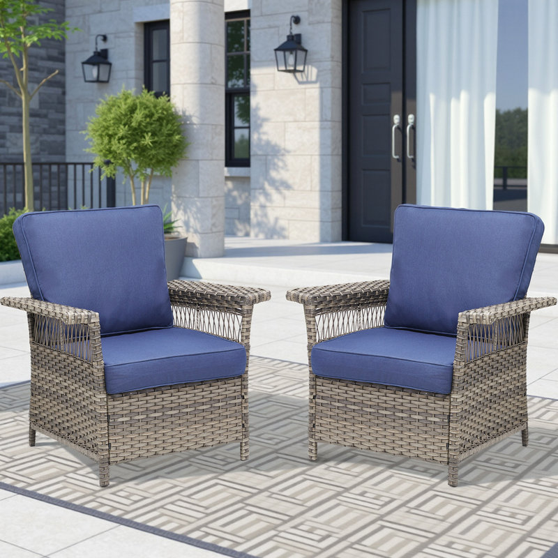Ensemble de 2 chaises longues d'extérieur en osier avec coussins pour patio ou terrasse, Bleu