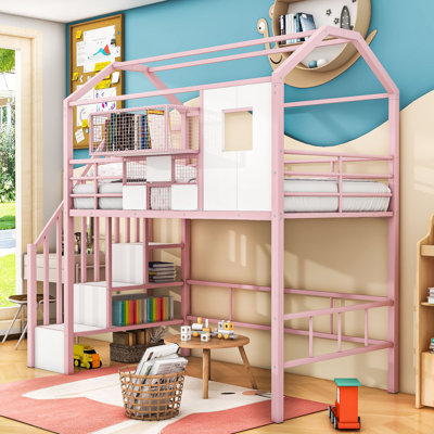 Metal Loft Bed with roof design and a storage box, Twin