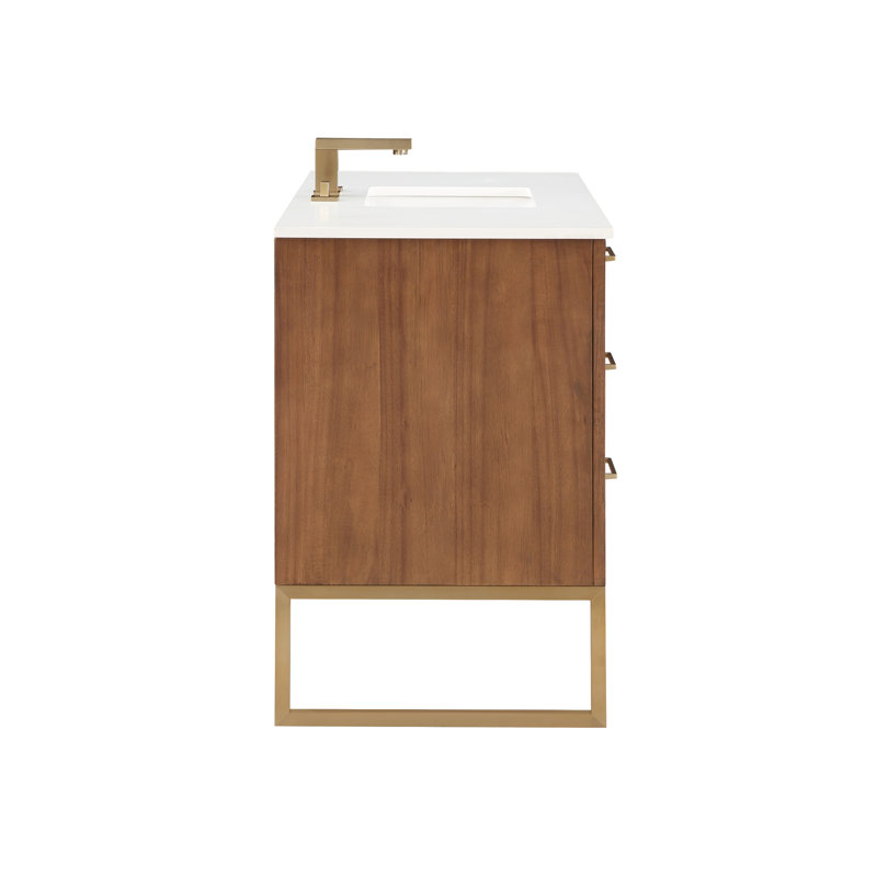 Markham 48'' W Single Vanity, White Quartz, Walnut, Satin Brass