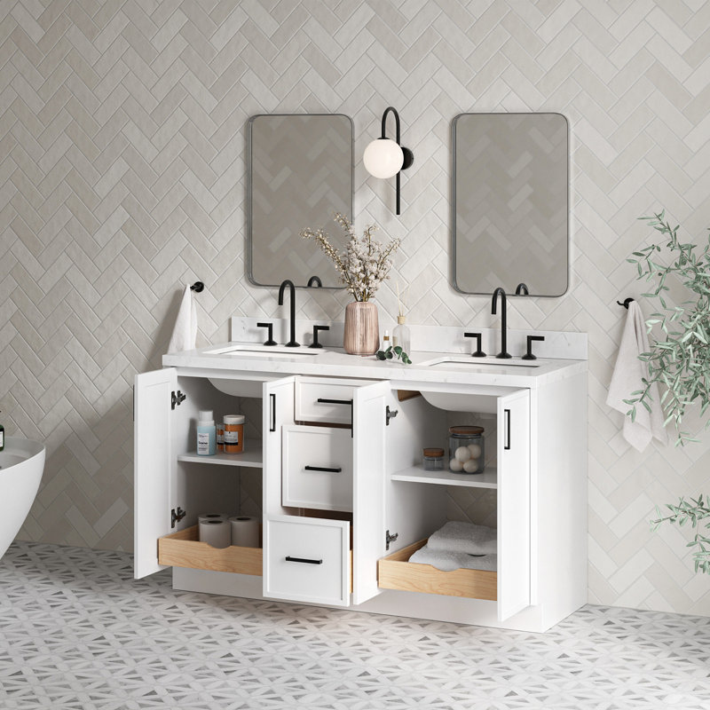 Ariel Kelly 60 Inch Double Rectangular Sink Bathroom Vanity With Carrara Quartz Countertop, White