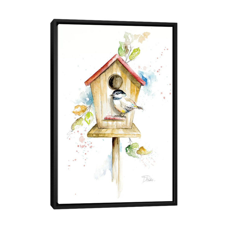 « Bird House II » par Patricia Pinto-impression, H 48 po x l 32 po x P 1,5 po, Toile avec cadre noir, Pas de tapis