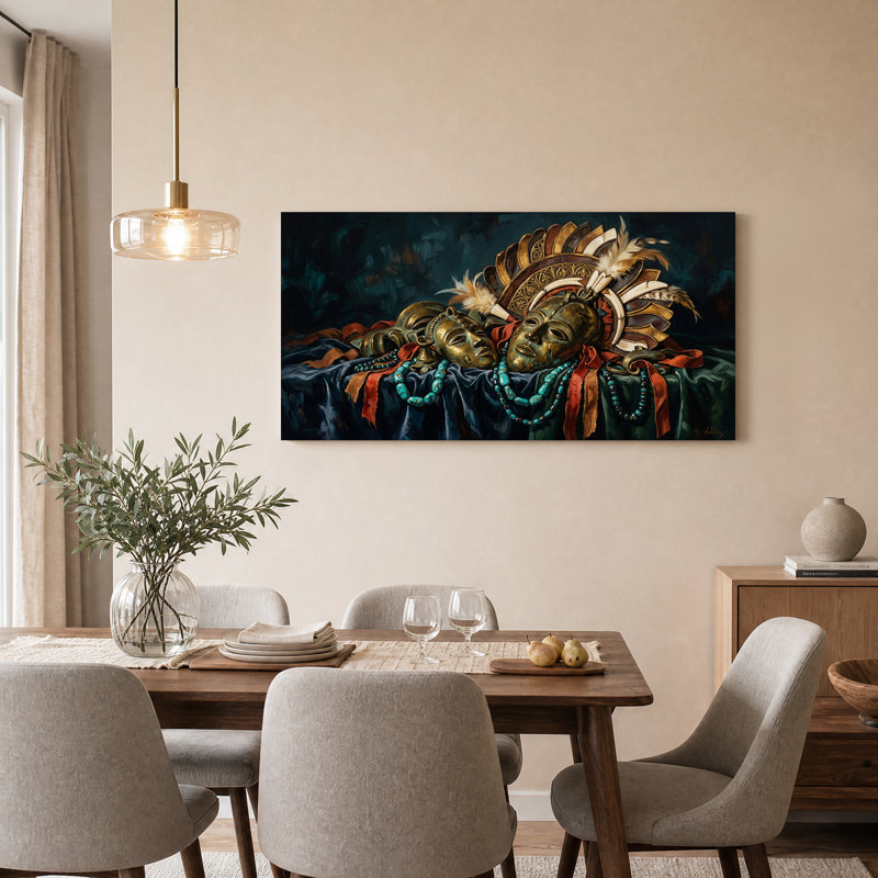 Art mural sur toile Masques dorés et couronne de plumes avec perles turquoise, 32“W x 16”H