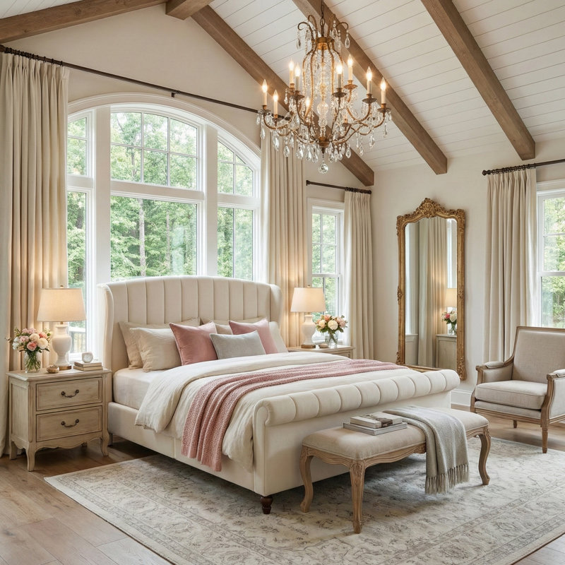 Tufted Velvet Wingback Sleigh Bed with Walnut Finish Legs, Cream, Queen