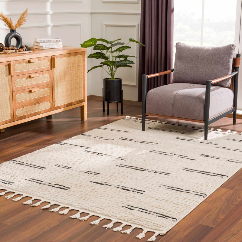 Jenell Striped Machine Woven Polypropylene Area Rug in Cream, Rectangle 5'3" x 7'