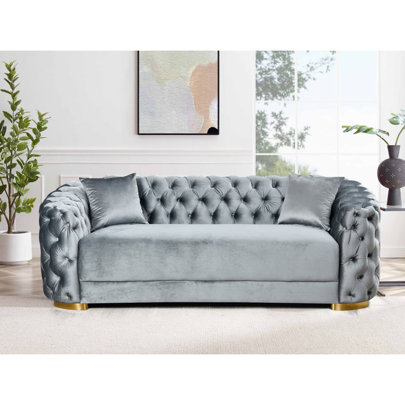 Canapé Chesterfield de 89 po en velours capitonné à boutons avec 2 coussins et pieds en métal, Gris