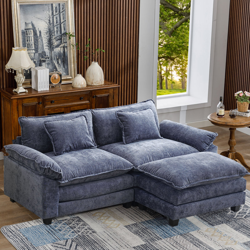 Canapés modulaires modernes pour le salon et les causeuses avec repose-pieds Dyemond, Chenille bleu