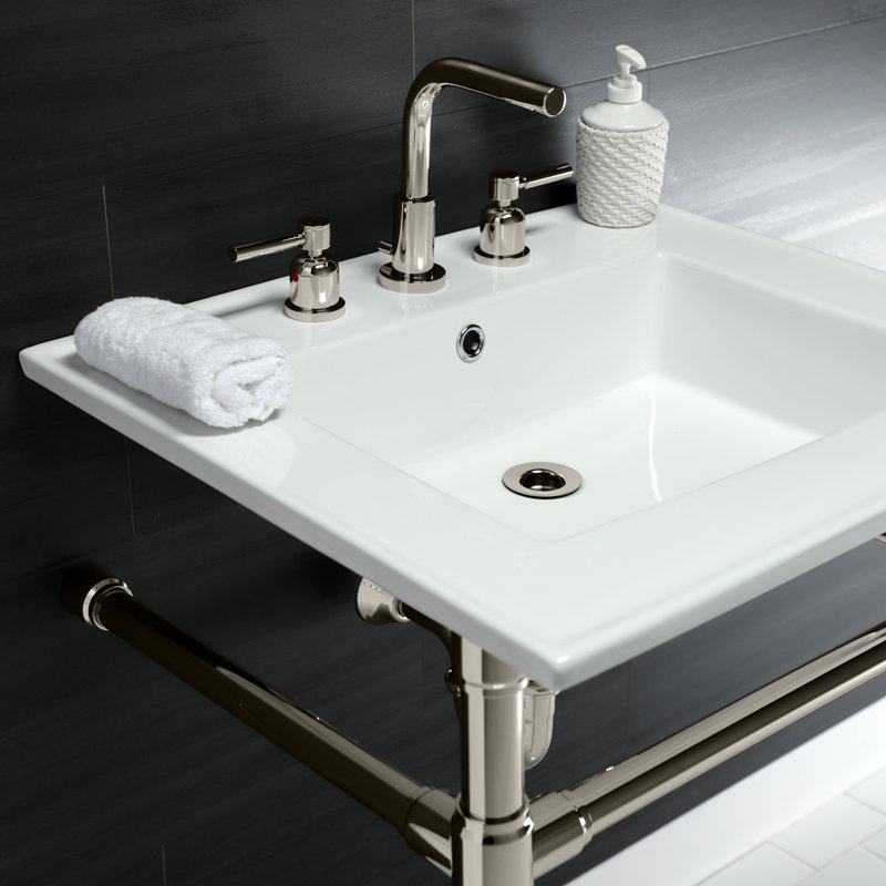 Lavabo de salle de bain console en céramique avec trop-plein, Nickel poli, Centres de 8 po