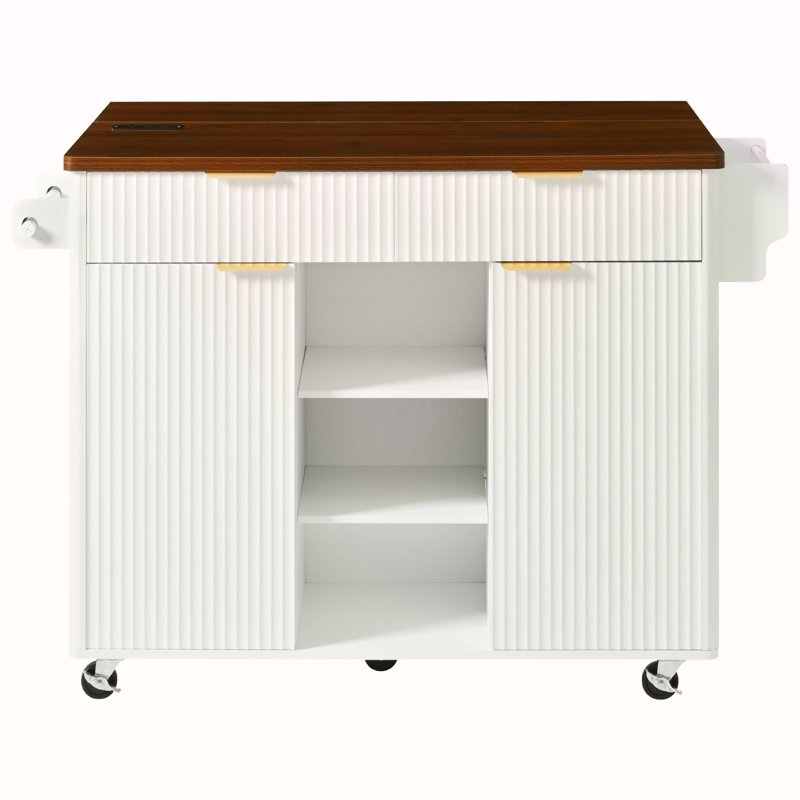 Îlot de cuisine cannelé de 52 po avec rallonge, prise de courant, chariot de rangement de cuisine avec tablettes réglables, 2 portes et 2 tiroirs, table d'îlot roulant pour la cuisine